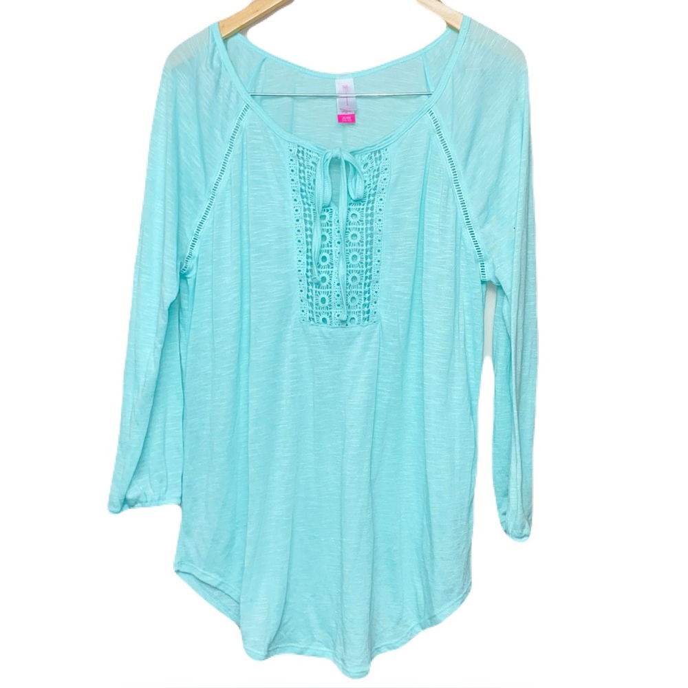 No Boundaries Aqua Blue Crochet Tunic Top w/ Bow Women’s XL